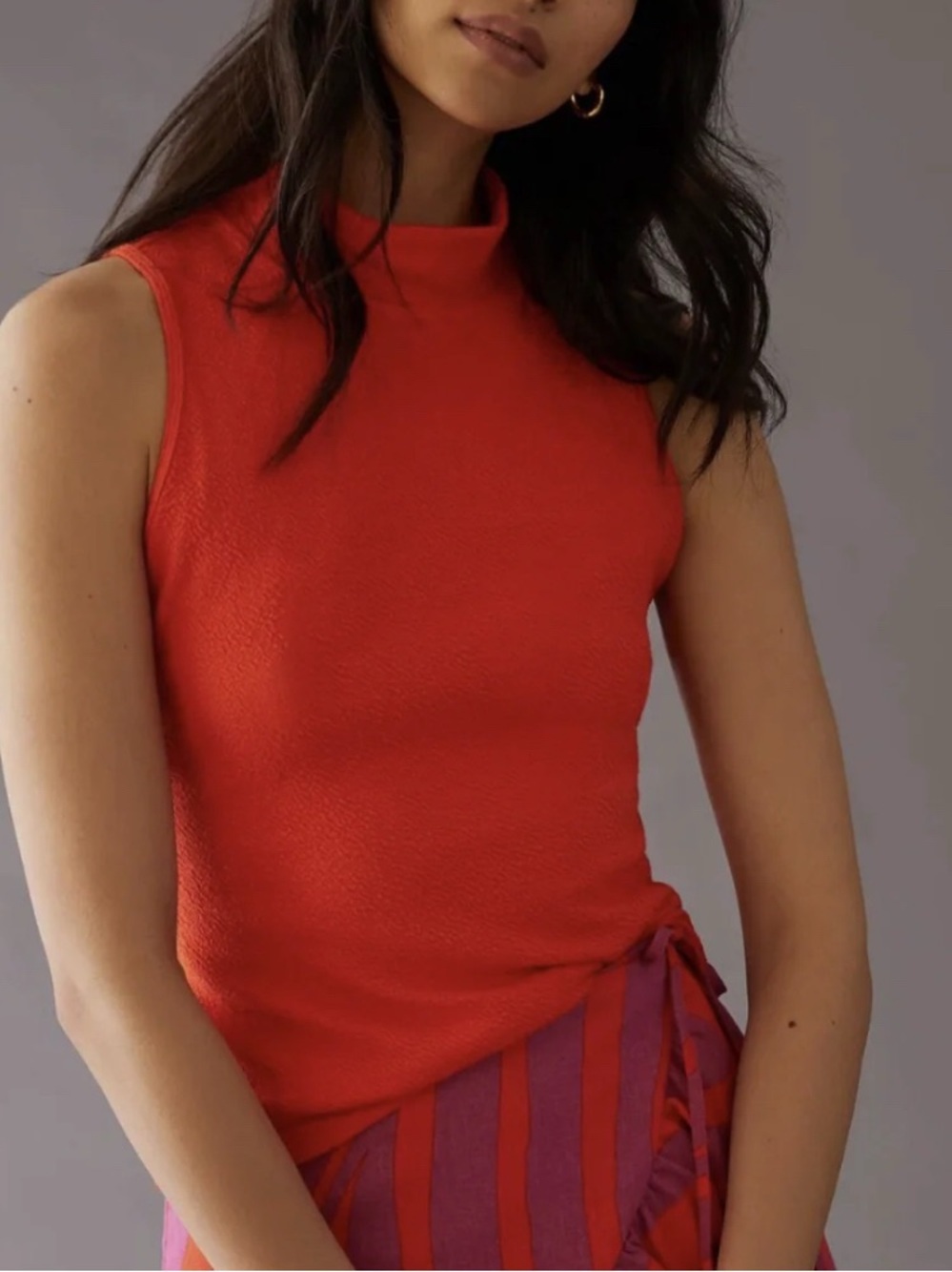 Sleeveless Mock-Neck Tank Top in Bright Red Orange XS